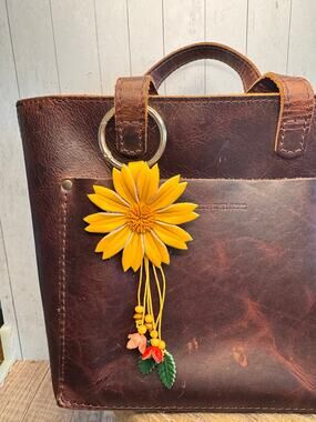 Yellow Dahlia Purse Charm Genuine Leather Flower Yellow Bag Charm NEW FAST SHIP
